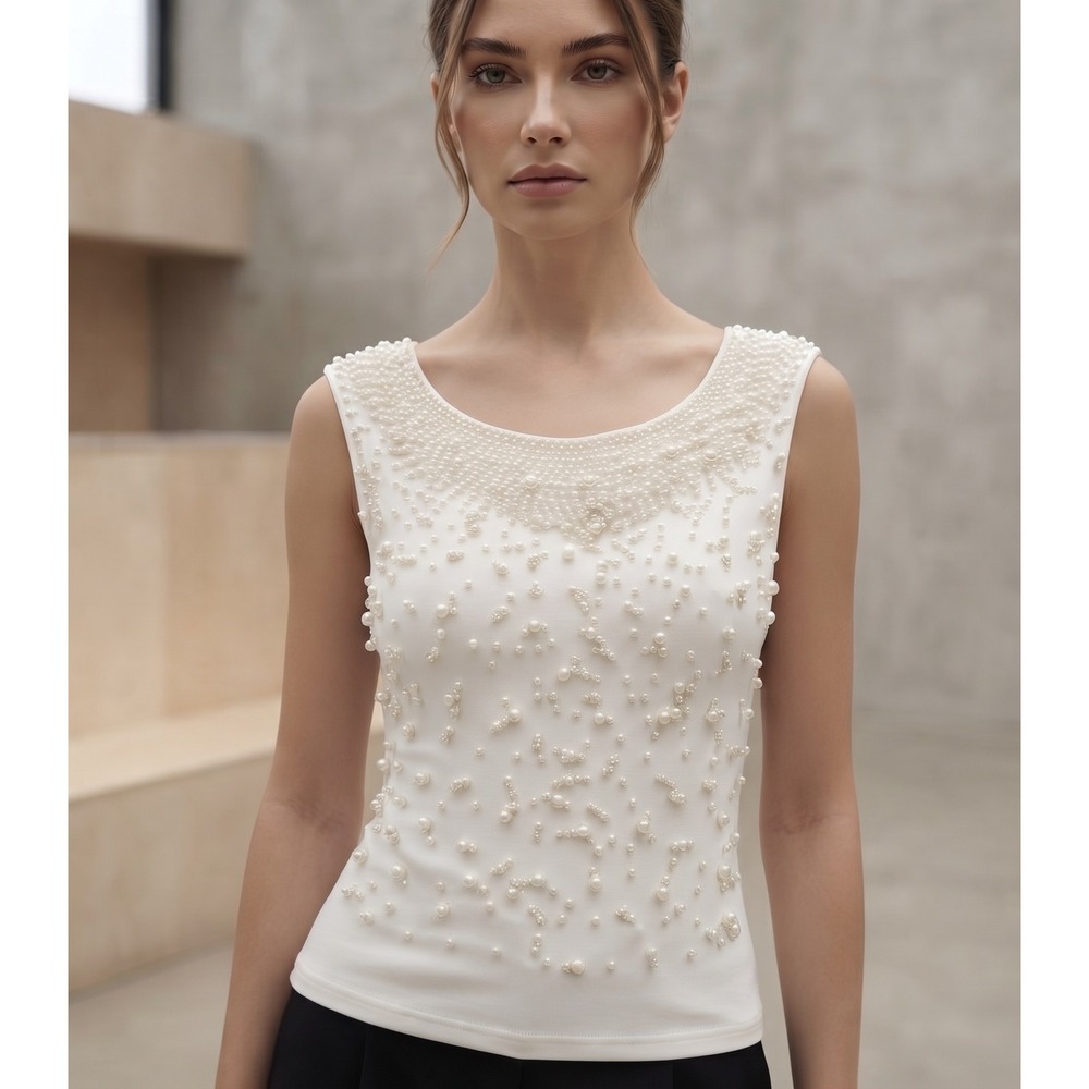 Lizette Collection Pearl Embellished Top Womens Small White Excellent Sleeveless